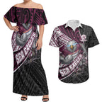 Manly Warringah Sea Eagles Rugby Mascot Couples Matching Off Shoulder Maxi Dress and Hawaiian Shirt Tribal Polynesian Power Art - Lightning Mascot