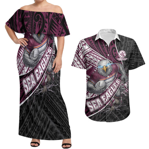 Manly Warringah Sea Eagles Rugby Mascot Couples Matching Off Shoulder Maxi Dress and Hawaiian Shirt Tribal Polynesian Power Art - Lightning Mascot