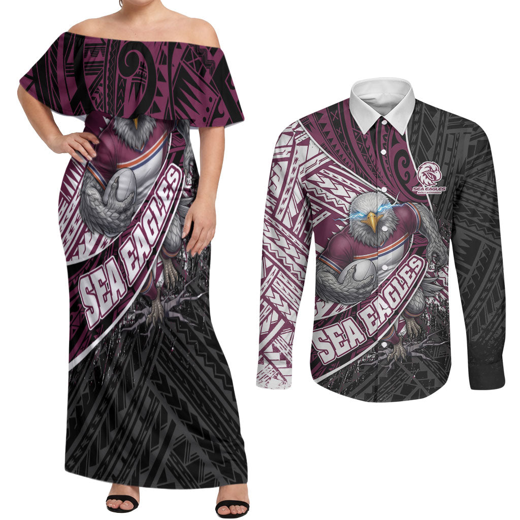 Manly Warringah Sea Eagles Rugby Mascot Couples Matching Off Shoulder Maxi Dress and Long Sleeve Button Shirt Tribal Polynesian Power Art - Lightning Mascot