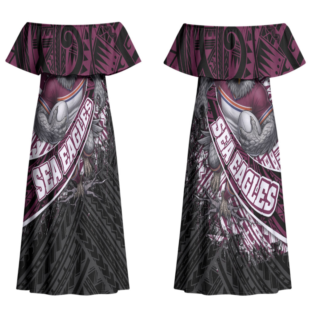 Manly Warringah Sea Eagles Rugby Mascot Couples Matching Off Shoulder Maxi Dress and Long Sleeve Button Shirt Tribal Polynesian Power Art - Lightning Mascot