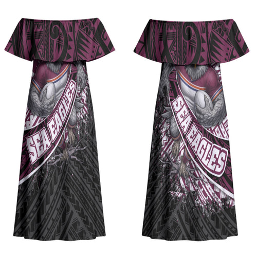 Manly Warringah Sea Eagles Rugby Mascot Couples Matching Off Shoulder Maxi Dress and Long Sleeve Button Shirt Tribal Polynesian Power Art - Lightning Mascot