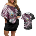 Manly Warringah Sea Eagles Rugby Mascot Couples Matching Off Shoulder Short Dress and Hawaiian Shirt Tribal Polynesian Power Art - Lightning Mascot