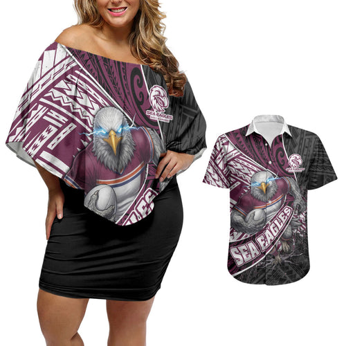 Manly Warringah Sea Eagles Rugby Mascot Couples Matching Off Shoulder Short Dress and Hawaiian Shirt Tribal Polynesian Power Art - Lightning Mascot