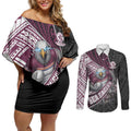 Manly Warringah Sea Eagles Rugby Mascot Couples Matching Off Shoulder Short Dress and Long Sleeve Button Shirt Tribal Polynesian Power Art - Lightning Mascot