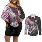 Manly Warringah Sea Eagles Rugby Mascot Couples Matching Off Shoulder Short Dress and Long Sleeve Button Shirt Tribal Polynesian Power Art - Lightning Mascot