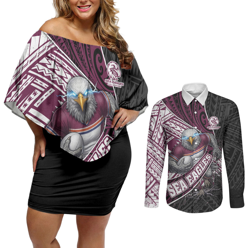 Manly Warringah Sea Eagles Rugby Mascot Couples Matching Off Shoulder Short Dress and Long Sleeve Button Shirt Tribal Polynesian Power Art - Lightning Mascot