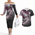Manly Warringah Sea Eagles Rugby Mascot Couples Matching Off The Shoulder Long Sleeve Dress and Hawaiian Shirt Tribal Polynesian Power Art - Lightning Mascot