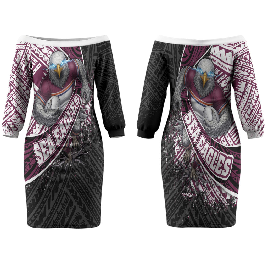 Manly Warringah Sea Eagles Rugby Mascot Couples Matching Off The Shoulder Long Sleeve Dress and Hawaiian Shirt Tribal Polynesian Power Art - Lightning Mascot