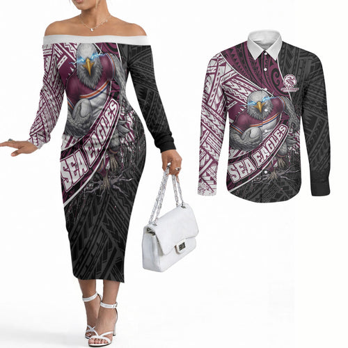 Manly Warringah Sea Eagles Rugby Mascot Couples Matching Off The Shoulder Long Sleeve Dress and Long Sleeve Button Shirt Tribal Polynesian Power Art - Lightning Mascot