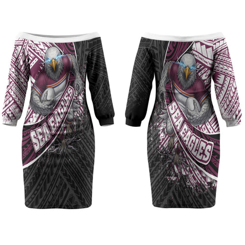 Manly Warringah Sea Eagles Rugby Mascot Couples Matching Off The Shoulder Long Sleeve Dress and Long Sleeve Button Shirt Tribal Polynesian Power Art - Lightning Mascot