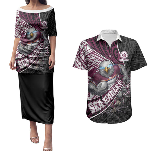 Manly Warringah Sea Eagles Rugby Mascot Couples Matching Puletasi and Hawaiian Shirt Tribal Polynesian Power Art - Lightning Mascot