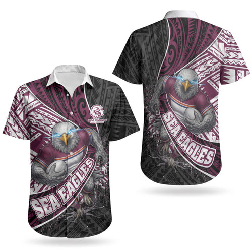 Manly Warringah Sea Eagles Rugby Mascot Couples Matching Puletasi and Hawaiian Shirt Tribal Polynesian Power Art - Lightning Mascot