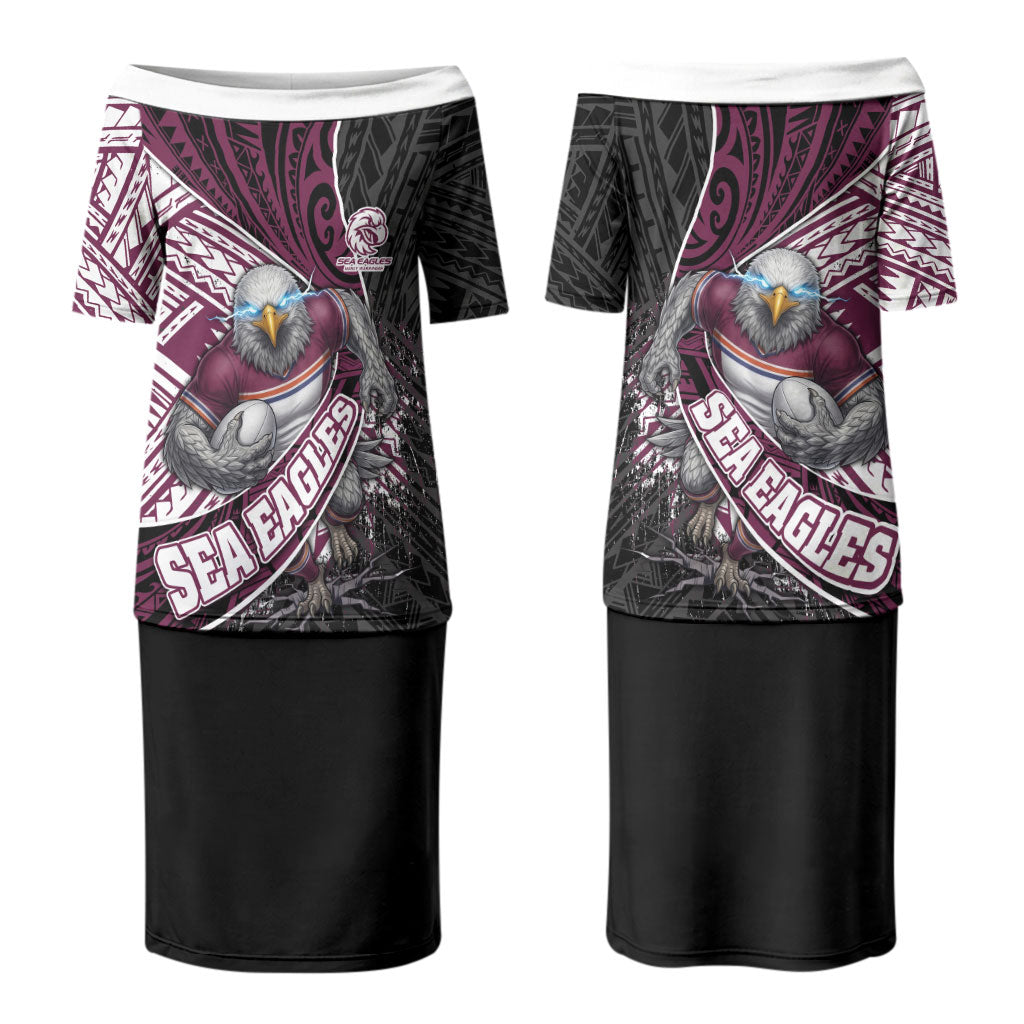 Manly Warringah Sea Eagles Rugby Mascot Couples Matching Puletasi and Hawaiian Shirt Tribal Polynesian Power Art - Lightning Mascot