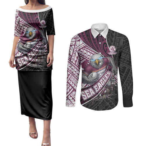 Manly Warringah Sea Eagles Rugby Mascot Couples Matching Puletasi and Long Sleeve Button Shirt Tribal Polynesian Power Art - Lightning Mascot