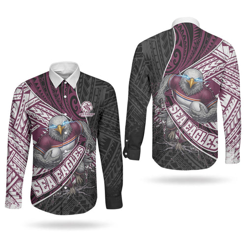 Manly Warringah Sea Eagles Rugby Mascot Couples Matching Puletasi and Long Sleeve Button Shirt Tribal Polynesian Power Art - Lightning Mascot