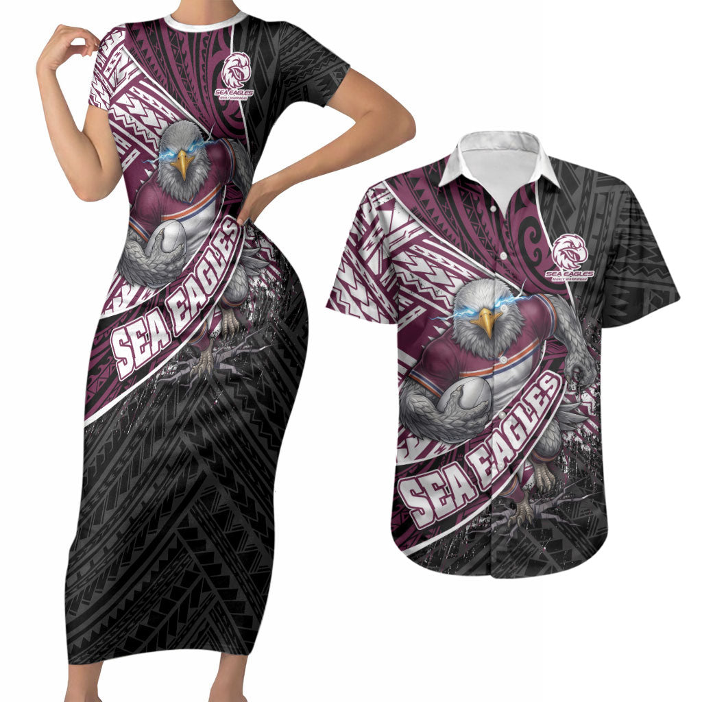 Manly Warringah Sea Eagles Rugby Mascot Couples Matching Short Sleeve Bodycon Dress and Hawaiian Shirt Tribal Polynesian Power Art - Lightning Mascot