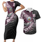 Manly Warringah Sea Eagles Rugby Mascot Couples Matching Short Sleeve Bodycon Dress and Hawaiian Shirt Tribal Polynesian Power Art - Lightning Mascot
