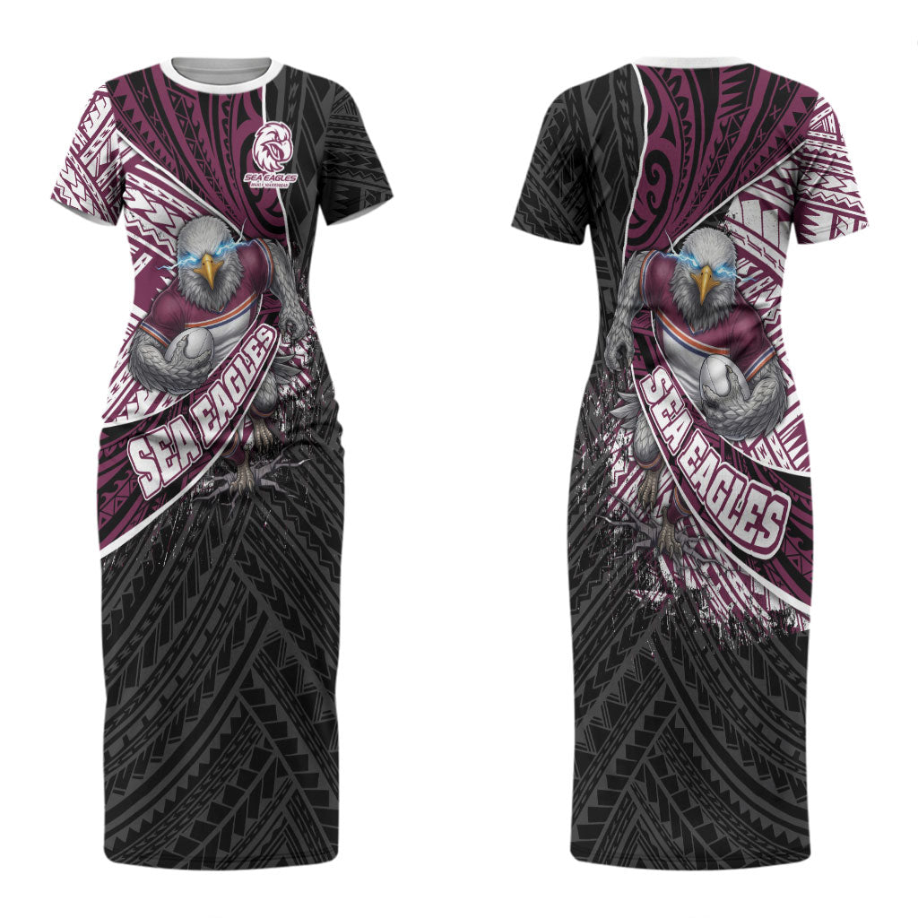 Manly Warringah Sea Eagles Rugby Mascot Couples Matching Short Sleeve Bodycon Dress and Hawaiian Shirt Tribal Polynesian Power Art - Lightning Mascot
