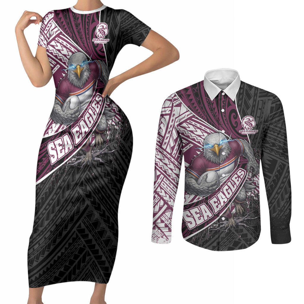 Manly Warringah Sea Eagles Rugby Mascot Couples Matching Short Sleeve Bodycon Dress and Long Sleeve Button Shirt Tribal Polynesian Power Art - Lightning Mascot