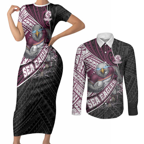 Manly Warringah Sea Eagles Rugby Mascot Couples Matching Short Sleeve Bodycon Dress and Long Sleeve Button Shirt Tribal Polynesian Power Art - Lightning Mascot