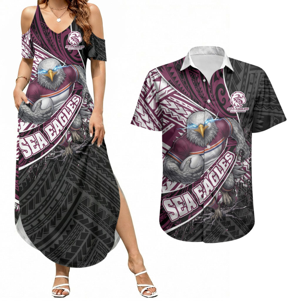 Manly Warringah Sea Eagles Rugby Mascot Couples Matching Summer Maxi Dress and Hawaiian Shirt Tribal Polynesian Power Art - Lightning Mascot