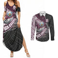 Manly Warringah Sea Eagles Rugby Mascot Couples Matching Summer Maxi Dress and Long Sleeve Button Shirt Tribal Polynesian Power Art - Lightning Mascot