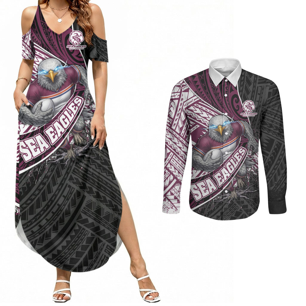 Manly Warringah Sea Eagles Rugby Mascot Couples Matching Summer Maxi Dress and Long Sleeve Button Shirt Tribal Polynesian Power Art - Lightning Mascot