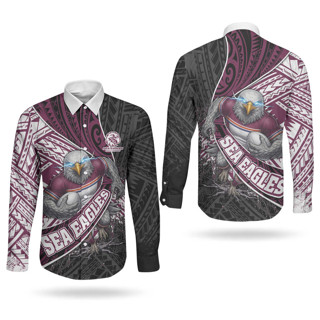 Manly Warringah Sea Eagles Rugby Mascot Couples Matching Summer Maxi Dress and Long Sleeve Button Shirt Tribal Polynesian Power Art - Lightning Mascot