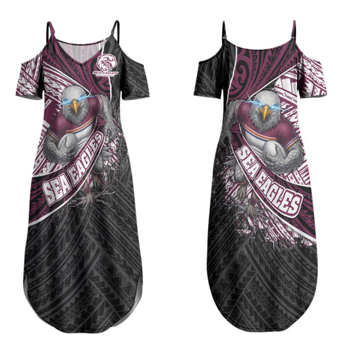 Manly Warringah Sea Eagles Rugby Mascot Couples Matching Summer Maxi Dress and Long Sleeve Button Shirt Tribal Polynesian Power Art - Lightning Mascot