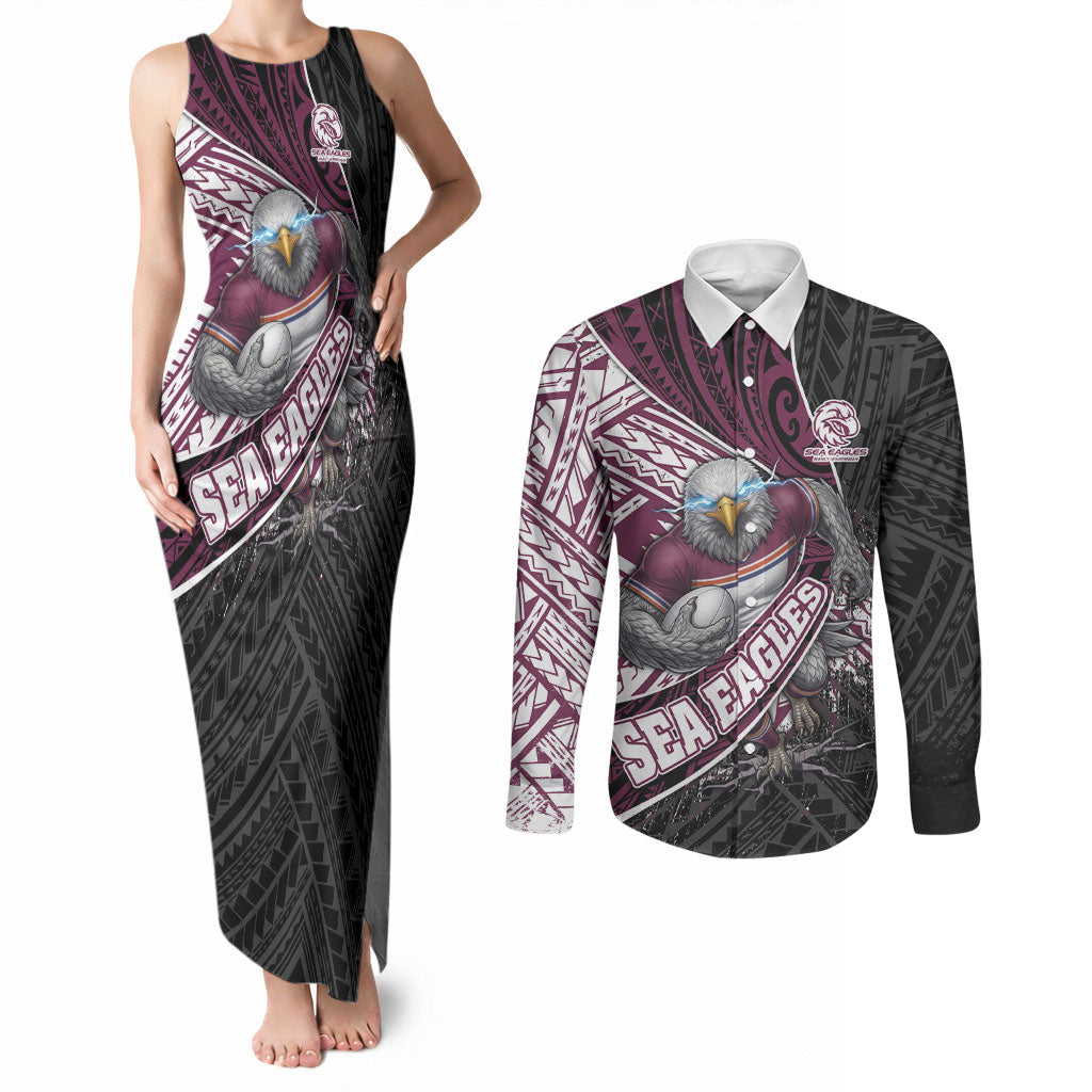 Manly Warringah Sea Eagles Rugby Mascot Couples Matching Tank Maxi Dress and Long Sleeve Button Shirt Tribal Polynesian Power Art - Lightning Mascot