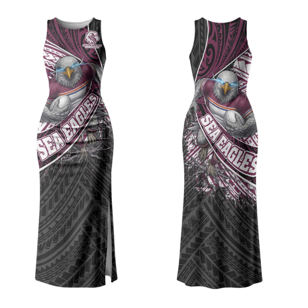 Manly Warringah Sea Eagles Rugby Mascot Couples Matching Tank Maxi Dress and Long Sleeve Button Shirt Tribal Polynesian Power Art - Lightning Mascot