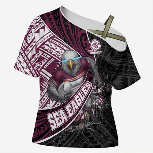 Manly Warringah Sea Eagles Rugby Mascot Cross Shoulder Shirt Tribal Polynesian Power Art - Lightning Mascot