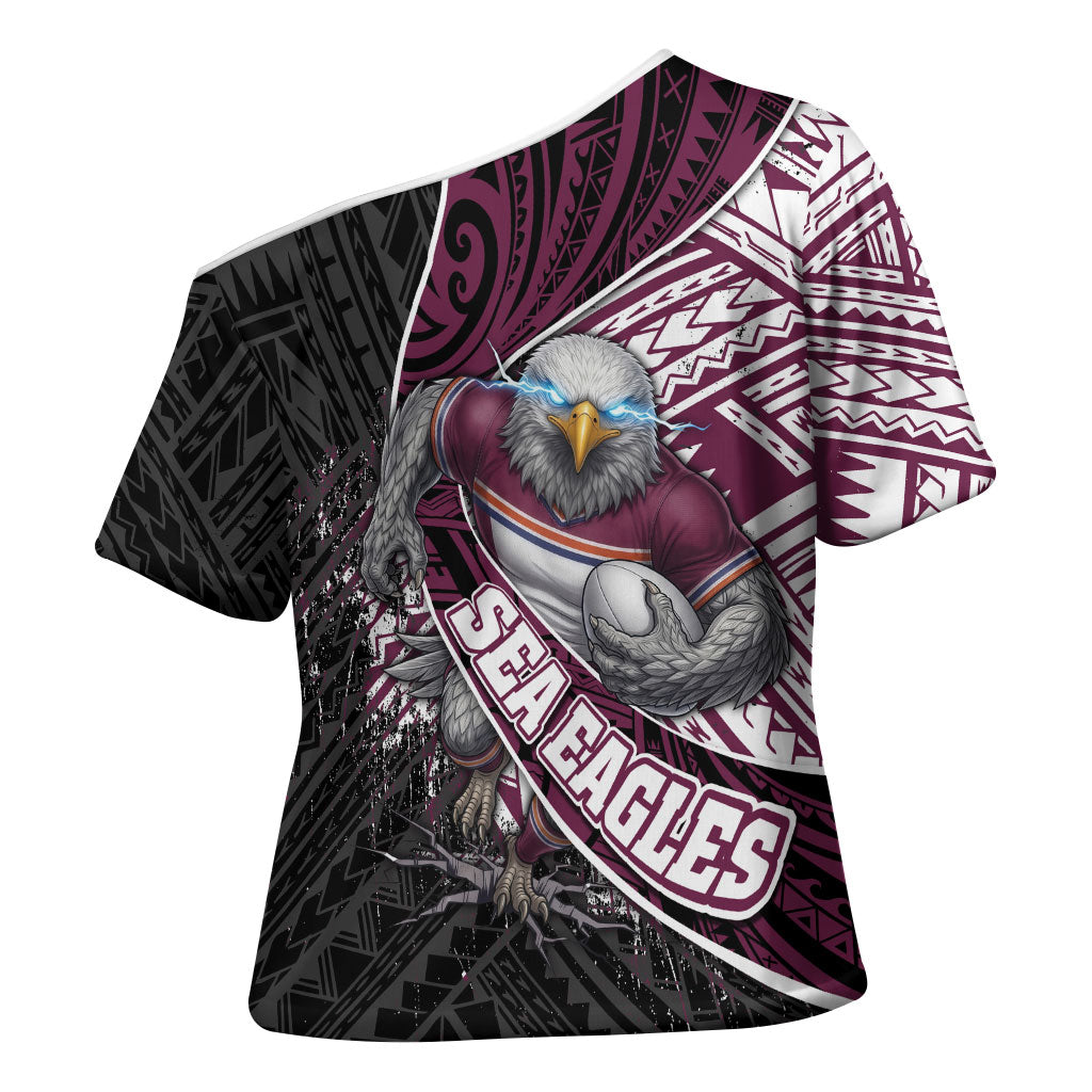 Manly Warringah Sea Eagles Rugby Mascot Cross Shoulder Shirt Tribal Polynesian Power Art - Lightning Mascot