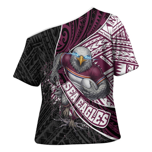 Manly Warringah Sea Eagles Rugby Mascot Cross Shoulder Shirt Tribal Polynesian Power Art - Lightning Mascot