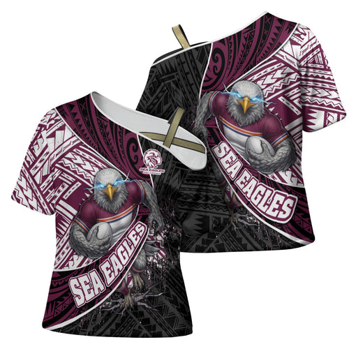 Manly Warringah Sea Eagles Rugby Mascot Cross Shoulder Shirt Tribal Polynesian Power Art - Lightning Mascot