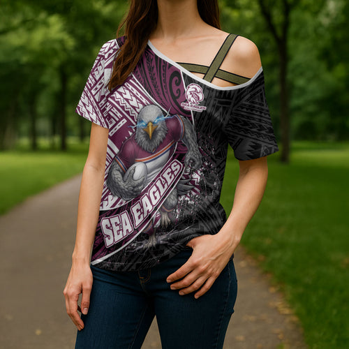 Manly Warringah Sea Eagles Rugby Mascot Cross Shoulder Shirt Tribal Polynesian Power Art - Lightning Mascot