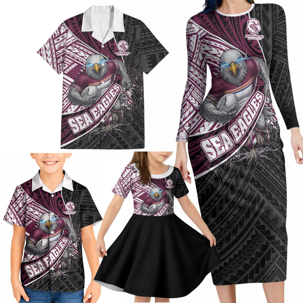 Manly Warringah Sea Eagles Rugby Mascot Family Matching Long Sleeve Bodycon Dress and Hawaiian Shirt Tribal Polynesian Power Art - Lightning Mascot