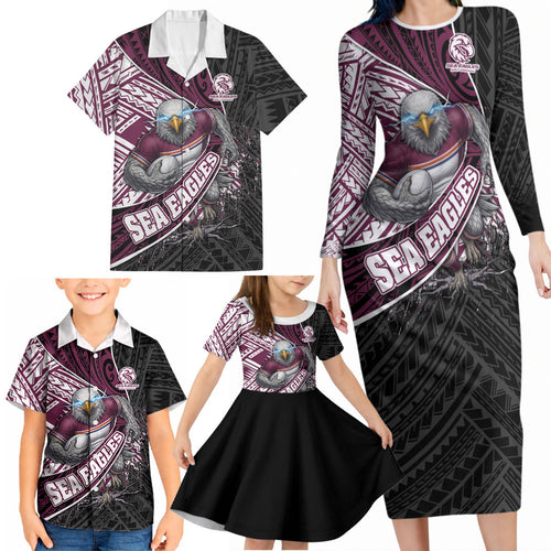 Manly Warringah Sea Eagles Rugby Mascot Family Matching Long Sleeve Bodycon Dress and Hawaiian Shirt Tribal Polynesian Power Art - Lightning Mascot
