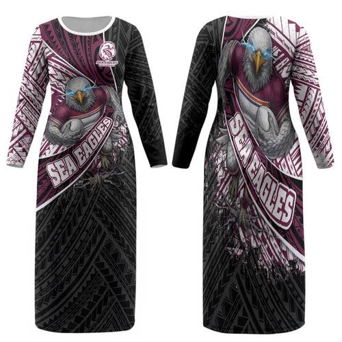 Manly Warringah Sea Eagles Rugby Mascot Family Matching Long Sleeve Bodycon Dress and Hawaiian Shirt Tribal Polynesian Power Art - Lightning Mascot