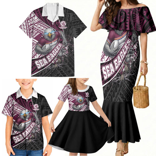 Manly Warringah Sea Eagles Rugby Mascot Family Matching Mermaid Dress and Hawaiian Shirt Tribal Polynesian Power Art - Lightning Mascot
