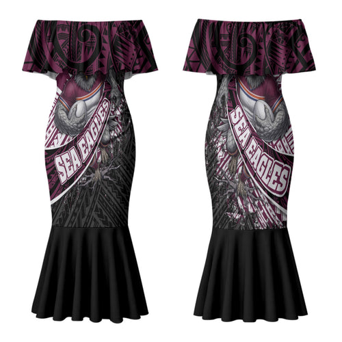 Manly Warringah Sea Eagles Rugby Mascot Family Matching Mermaid Dress and Hawaiian Shirt Tribal Polynesian Power Art - Lightning Mascot