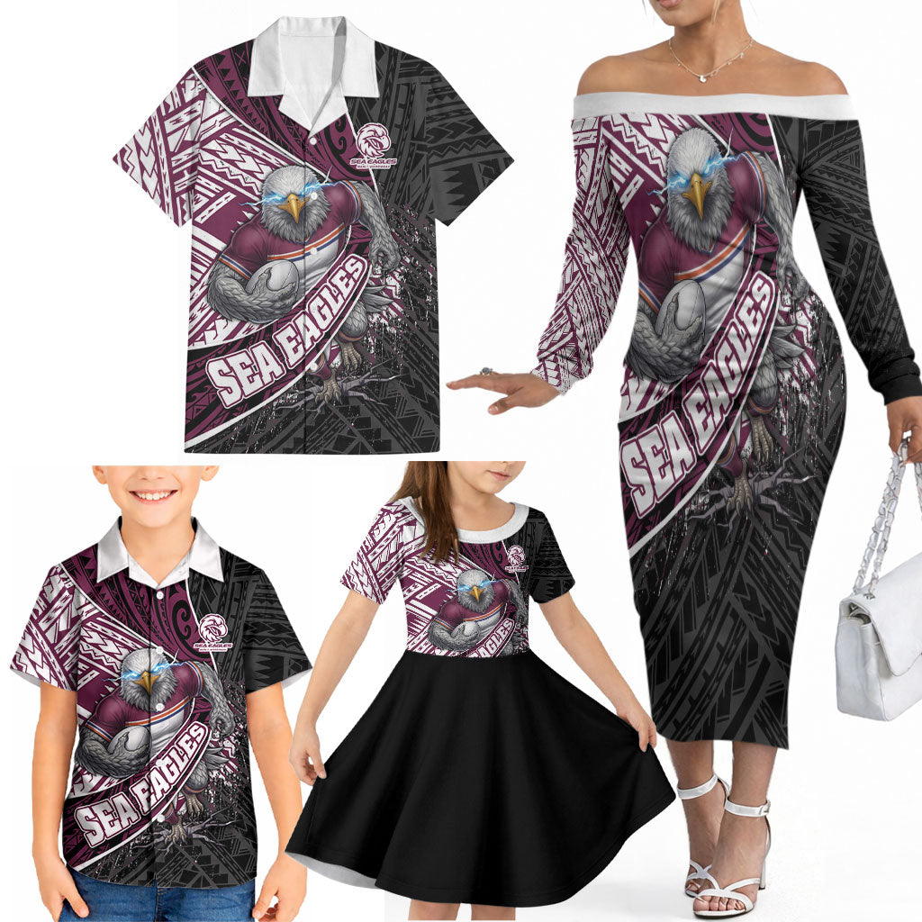 Manly Warringah Sea Eagles Rugby Mascot Family Matching Off The Shoulder Long Sleeve Dress and Hawaiian Shirt Tribal Polynesian Power Art - Lightning Mascot