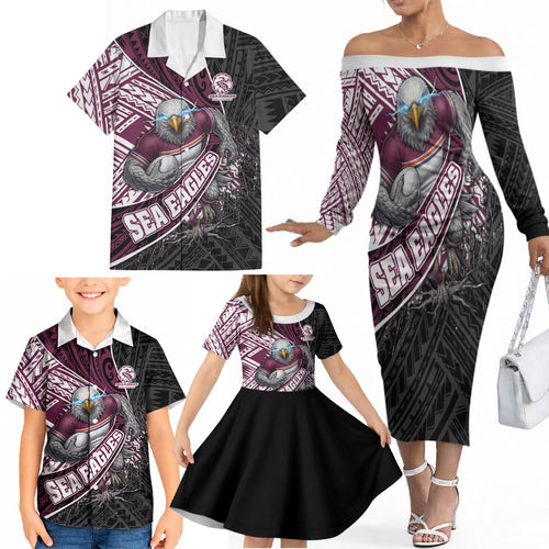 Manly Warringah Sea Eagles Rugby Mascot Family Matching Off The Shoulder Long Sleeve Dress and Hawaiian Shirt Tribal Polynesian Power Art - Lightning Mascot