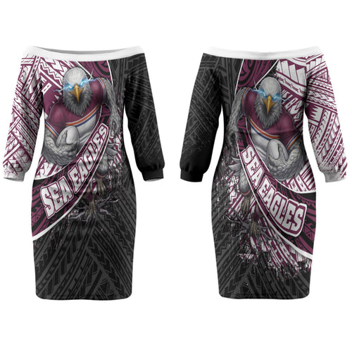Manly Warringah Sea Eagles Rugby Mascot Family Matching Off The Shoulder Long Sleeve Dress and Hawaiian Shirt Tribal Polynesian Power Art - Lightning Mascot