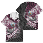 Manly Warringah Sea Eagles Rugby Mascot Family Matching Off The Shoulder Long Sleeve Dress and Hawaiian Shirt Tribal Polynesian Power Art - Lightning Mascot