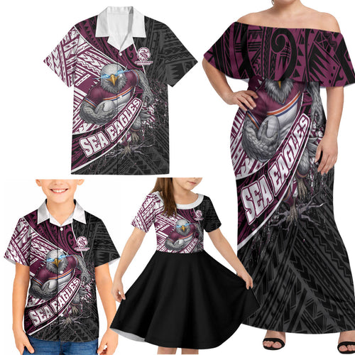 Manly Warringah Sea Eagles Rugby Mascot Family Matching Off Shoulder Maxi Dress and Hawaiian Shirt Tribal Polynesian Power Art - Lightning Mascot