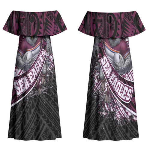 Manly Warringah Sea Eagles Rugby Mascot Family Matching Off Shoulder Maxi Dress and Hawaiian Shirt Tribal Polynesian Power Art - Lightning Mascot