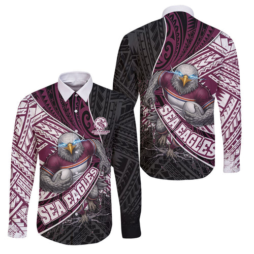 Manly Warringah Sea Eagles Rugby Mascot Family Matching Off Shoulder Maxi Dress and Hawaiian Shirt Tribal Polynesian Power Art - Lightning Mascot