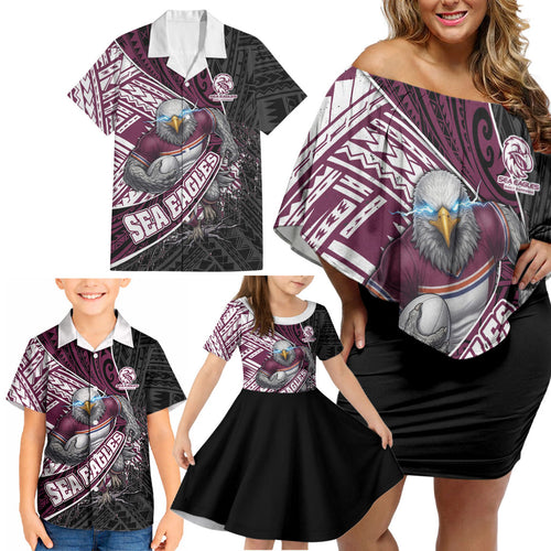 Manly Warringah Sea Eagles Rugby Mascot Family Matching Off Shoulder Short Dress and Hawaiian Shirt Tribal Polynesian Power Art - Lightning Mascot