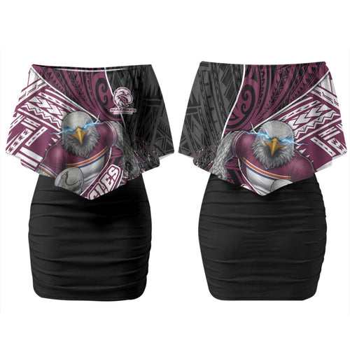 Manly Warringah Sea Eagles Rugby Mascot Family Matching Off Shoulder Short Dress and Hawaiian Shirt Tribal Polynesian Power Art - Lightning Mascot